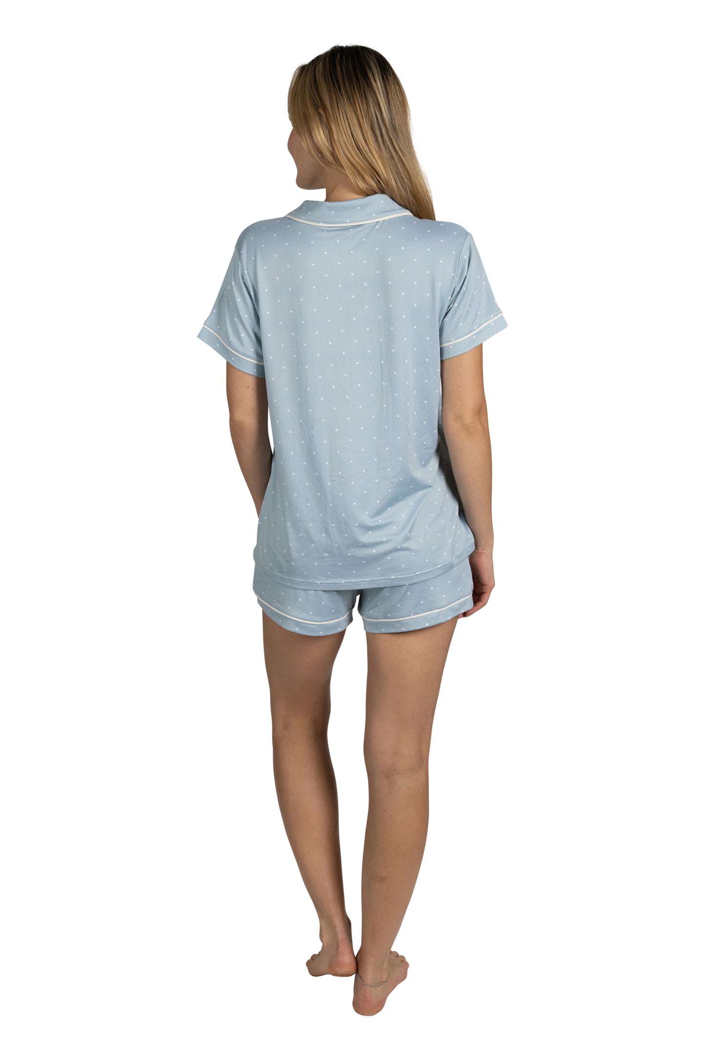 RAE DUNN Women's 3-Piece Short Sleeve Notch Collar Top, Shorts, and Pants Set, SLEEP Blue Polka Dot, XL