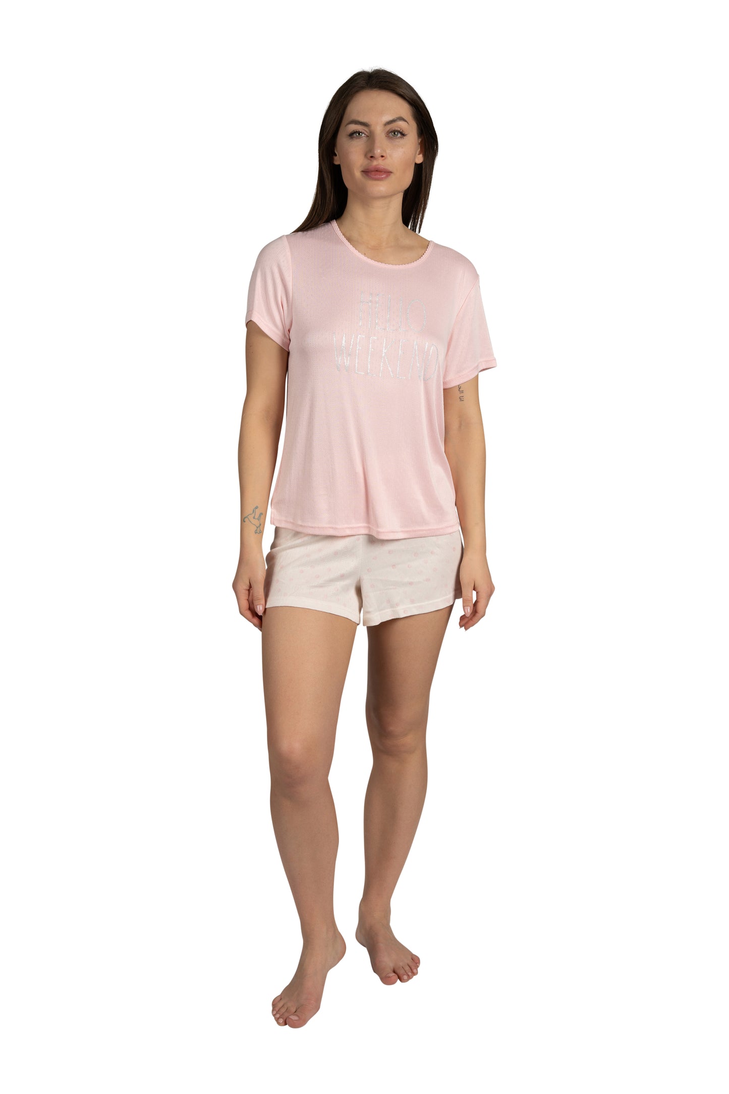 Women's "HELLO WEEKEND" Short Sleeve Shirt and Shorts Soft Pointelle Pajama Set