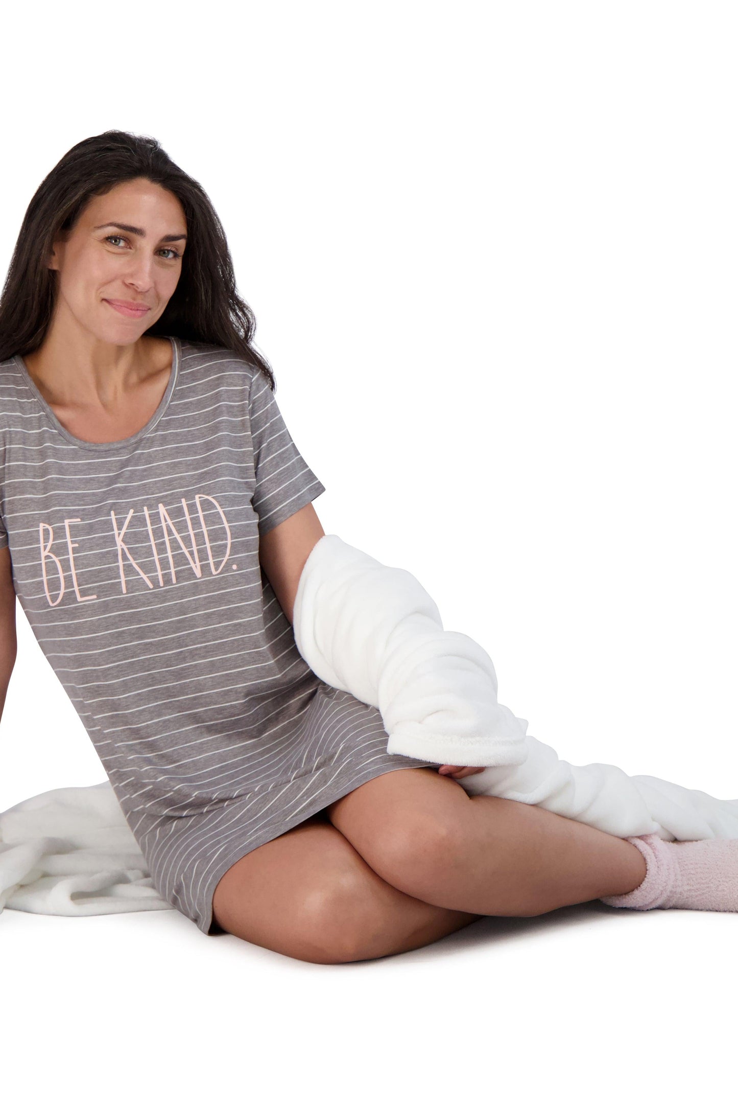 Women's "BE KIND" Short Sleeve Striped HiLo Nightshirt - Rae Dunn Wear