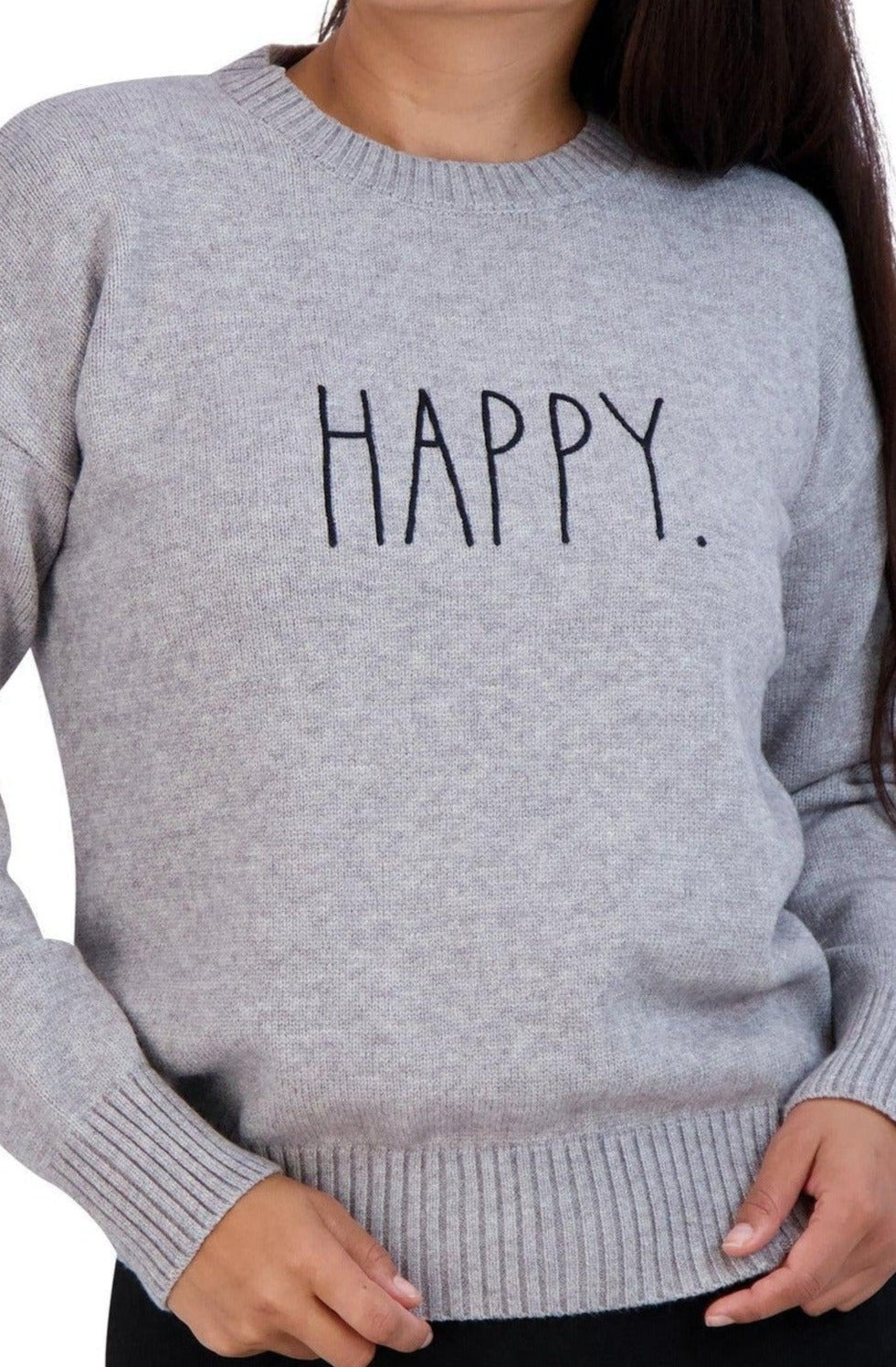 Women's Embroidered "HAPPY" Knit Gray Sweater - Rae Dunn Wear - W Sweater