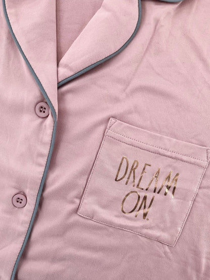 RAE DUNN Women's Short Sleeve Notch Collar Top and Pants Set, DREAM ON Pale Mauve, M