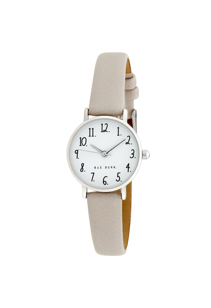 MEGAN Round Face Vegan Leather Strap Watch in Taupe with Silver, 26mm - Rae Dunn Wear - Watch