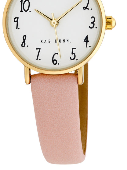 MEGAN Round Face Vegan Leather Strap Watch in Pink with Gold, 26mm - Rae Dunn Wear - Watch