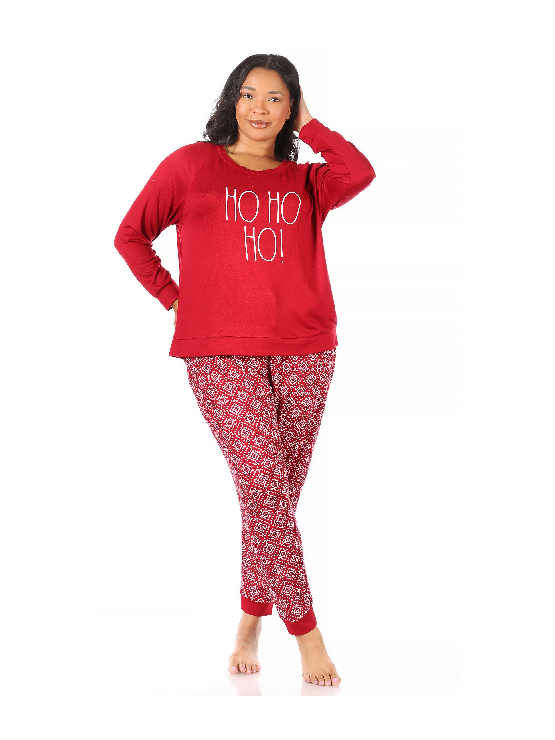 Women's "HO HO HO" Plus Size Hacci Long Sleeve Top and Jogger Pajama Set - Rae Dunn Wear - W Pants Set