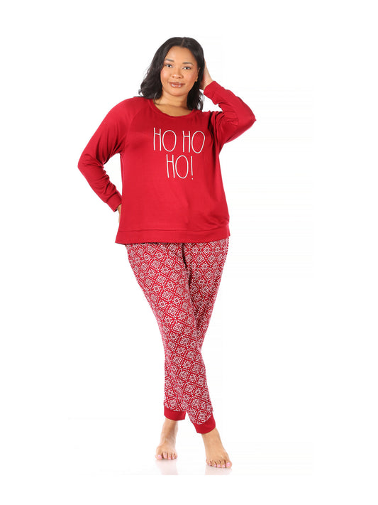 Women's "HO HO HO" Plus Size Hacci Long Sleeve Top and Jogger Pajama Set - Rae Dunn Wear - W Pants Set