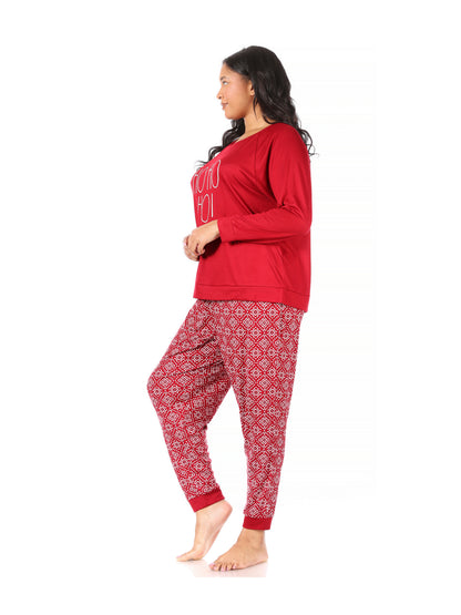 Women's "HO HO HO" Plus Size Hacci Long Sleeve Top and Jogger Pajama Set - Rae Dunn Wear - W Pants Set