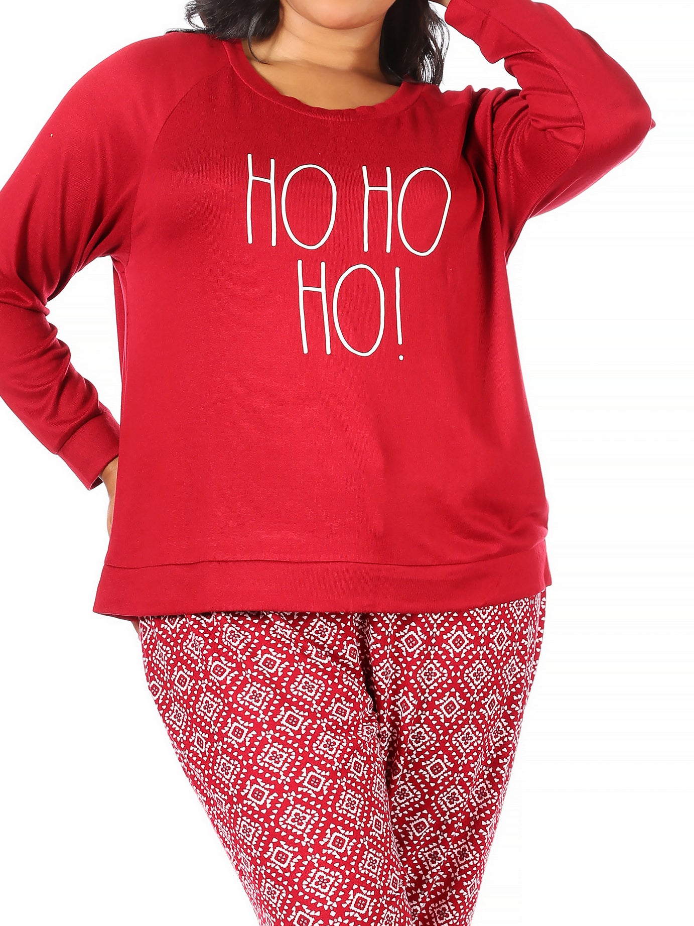 Women's "HO HO HO" Plus Size Hacci Long Sleeve Top and Jogger Pajama Set - Rae Dunn Wear - W Pants Set