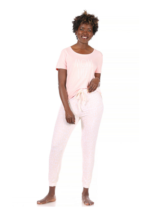 Women's "MOM LIFE" Short Sleeve Top and Drawstring Jogger Pajama Set - Rae Dunn Wear - W Pants Set