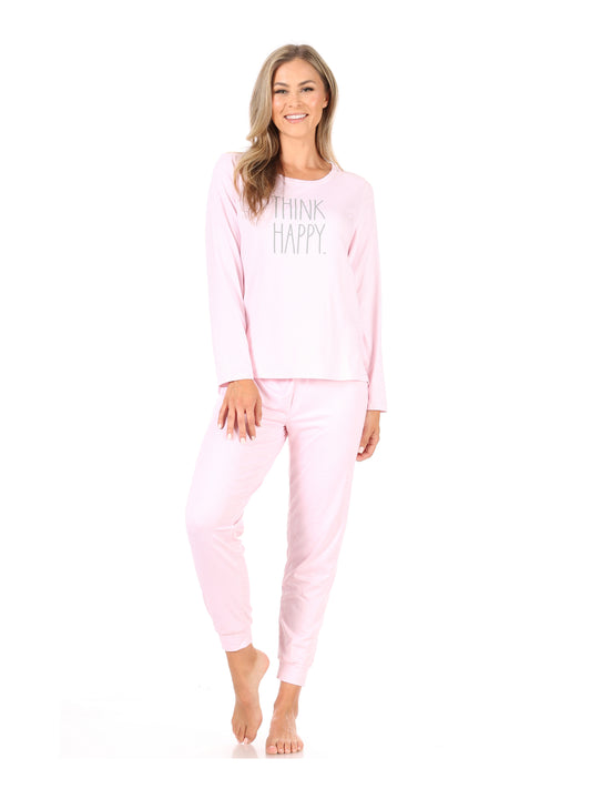 Women's "THINK HAPPY" Long Sleeve Top and Jogger Pajama Set - Rae Dunn Wear - W Pants Set