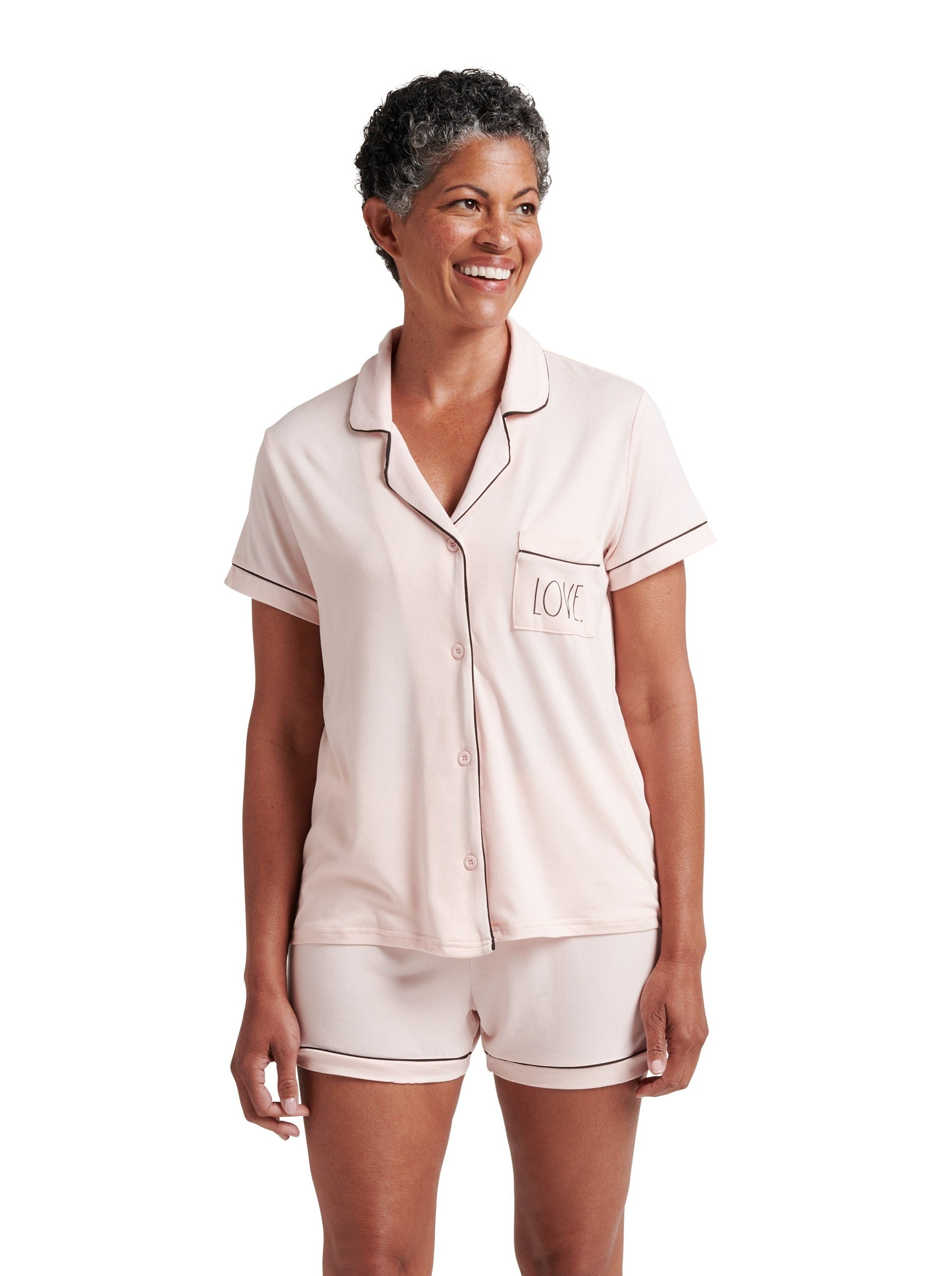 Women's "LOVE" Short Sleeve Notch Collar Button-Up Top and Short Pajama Set - Rae Dunn Wear - W Shorts Set