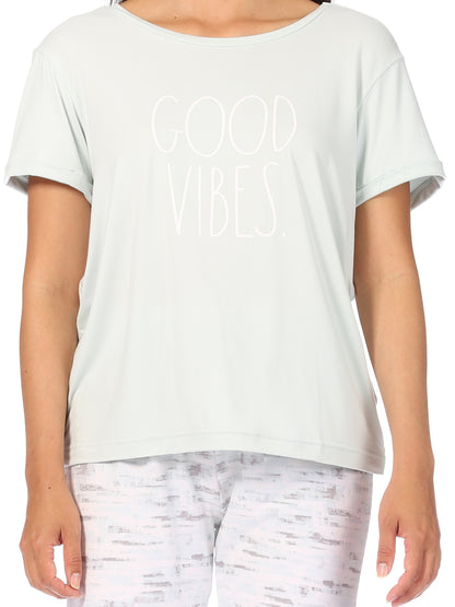 Women's "GOOD VIBES" Short Sleeve Top and Drawstring Pant Pajama Set - Rae Dunn Wear - W Pants Set