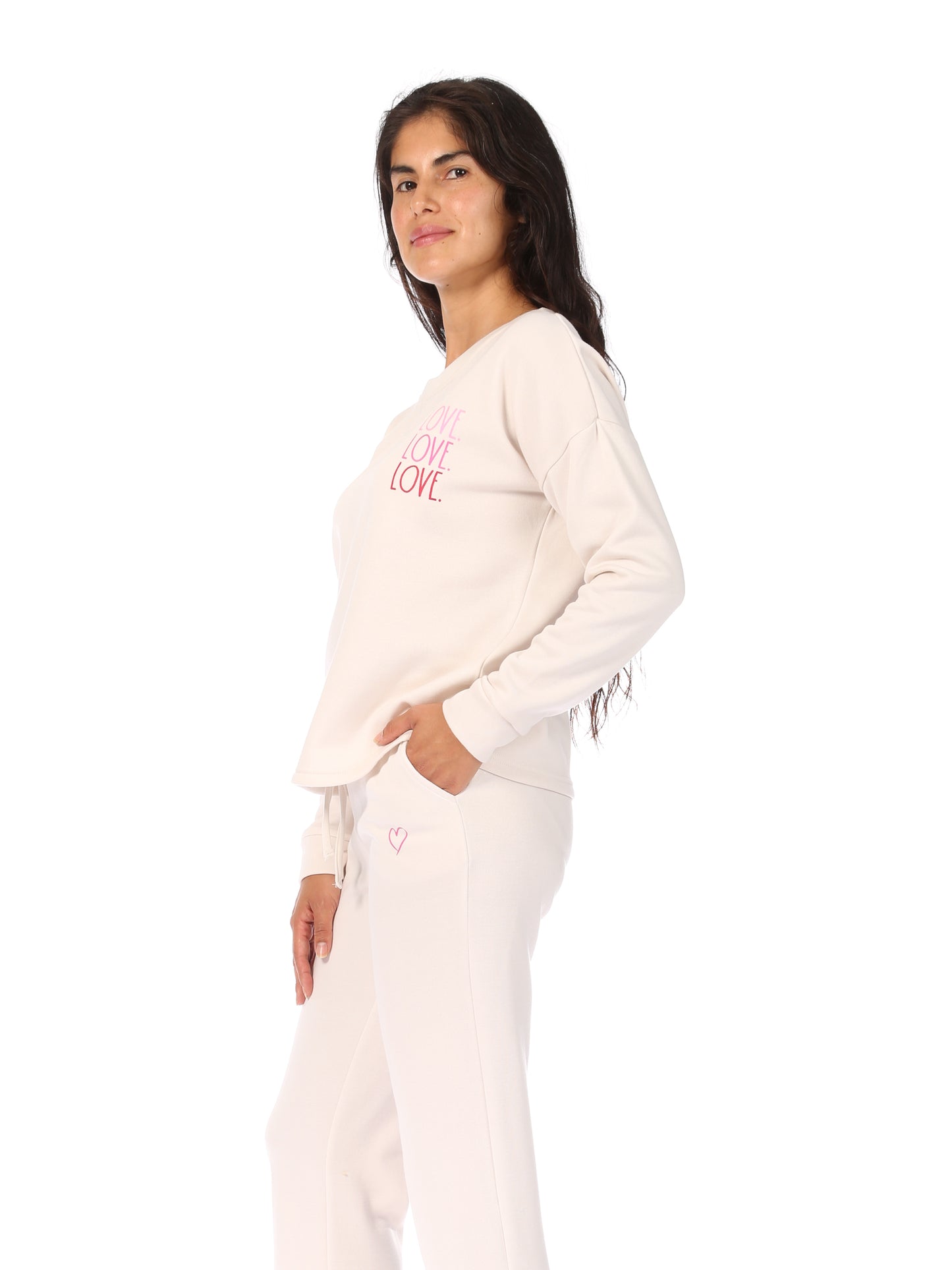 Women's "LOVE LOVE LOVE" Long Sleeve Pullover Sweatshirt and Drawstring Sweatpants Lounge Set - Rae Dunn Wear - W A Pants Set