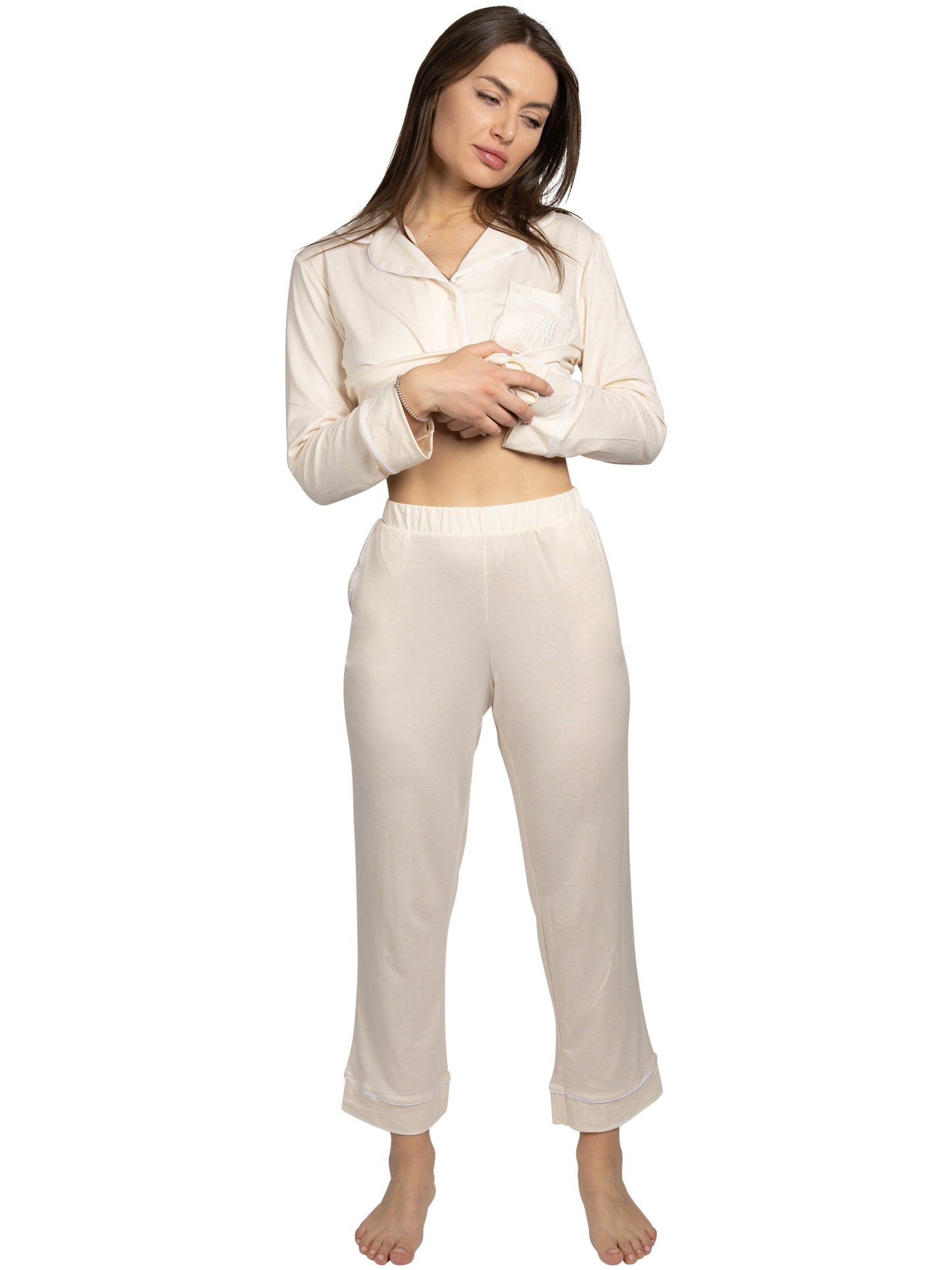 RAE DUNN Women's Long Sleeve Notch Collar Top and Pants Set Recycled, COFFEE PLEASE Oatmeal Heather, XL