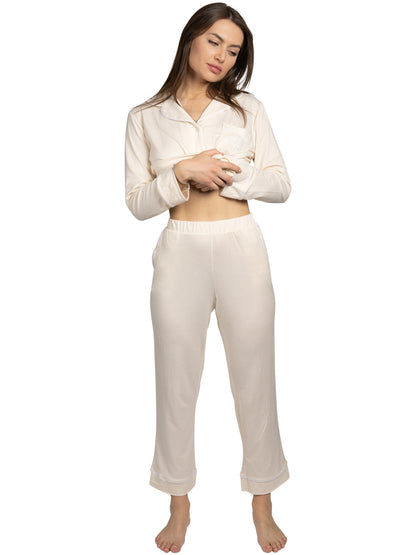 RAE DUNN Women's Long Sleeve Notch Collar Top and Pants Set Recycled, COFFEE PLEASE Oatmeal Heather, XL