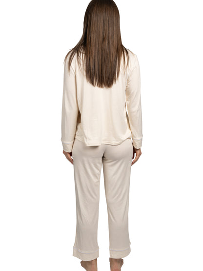 RAE DUNN Women's Long Sleeve Notch Collar Top and Pants Set Recycled, COFFEE PLEASE Oatmeal Heather, XL