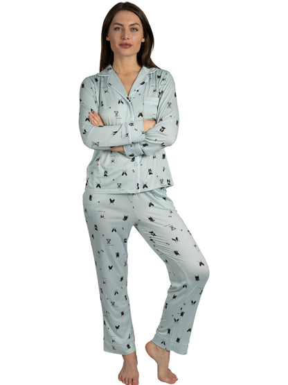 RAE DUNN Women's Long Sleeve Notch Collar Top and Pants Set Recycled, Puppy Blue, XL