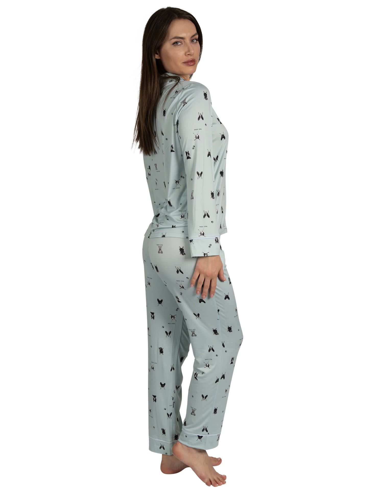 RAE DUNN Women's Long Sleeve Notch Collar Top and Pants Set Recycled, Puppy Blue, XL