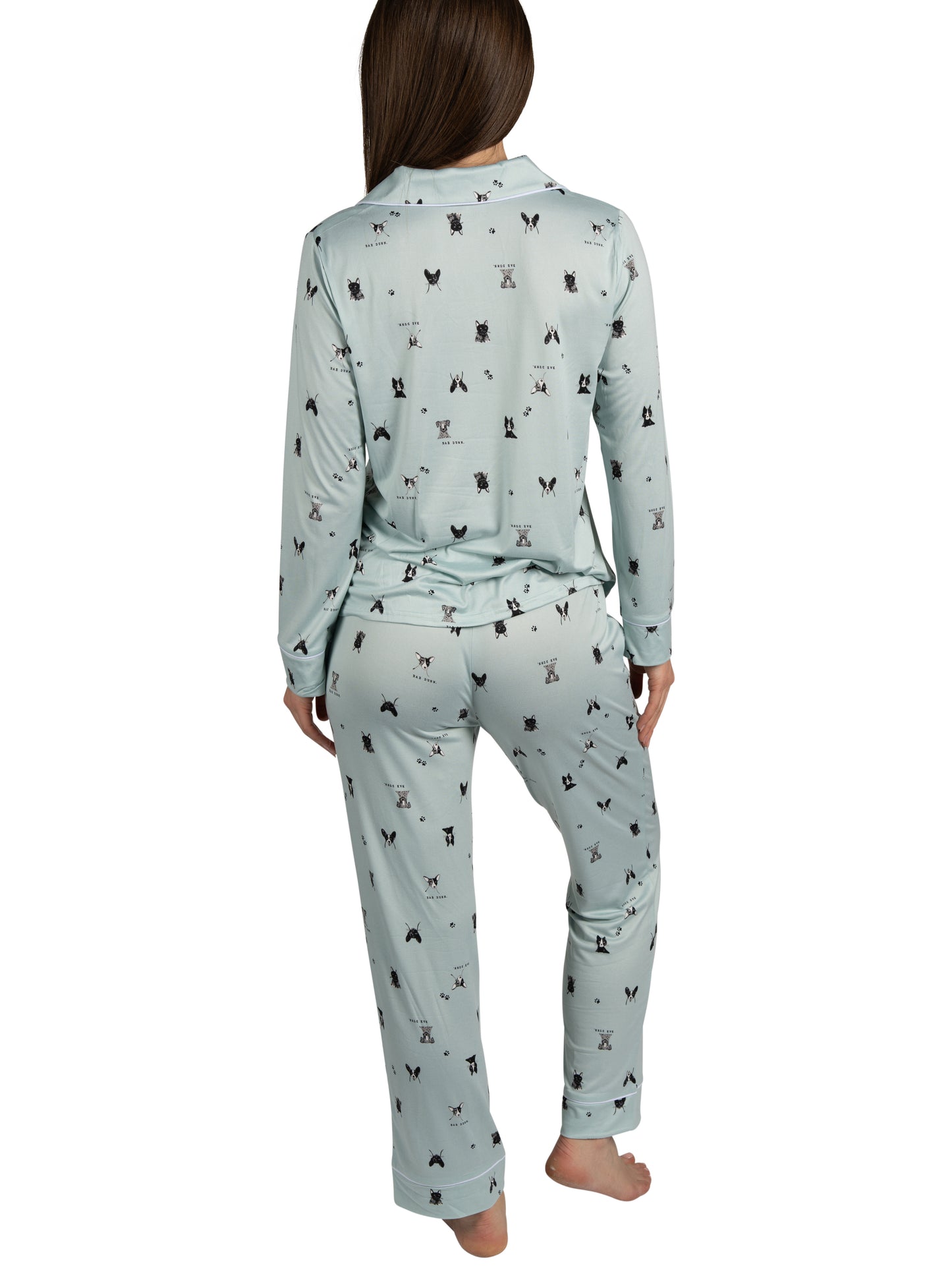 RAE DUNN Women's Long Sleeve Notch Collar Top and Pants Set Recycled, Puppy Blue, XL