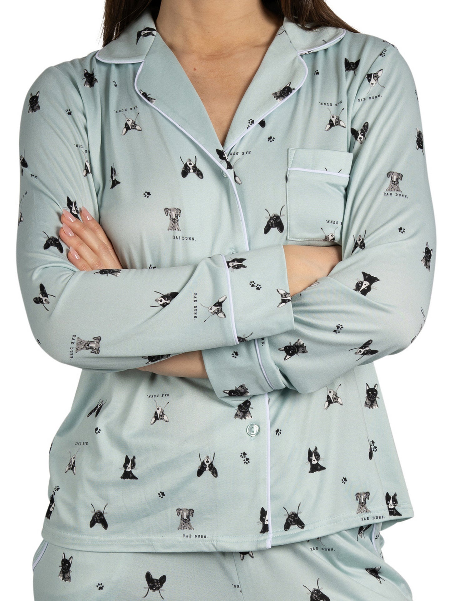 RAE DUNN Women's Long Sleeve Notch Collar Top and Pants Set Recycled, Puppy Blue, XL