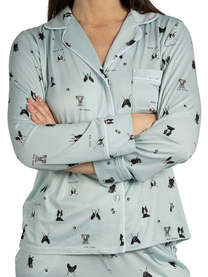 RAE DUNN Women's Long Sleeve Notch Collar Top and Pants Set Recycled, Puppy Blue, XL