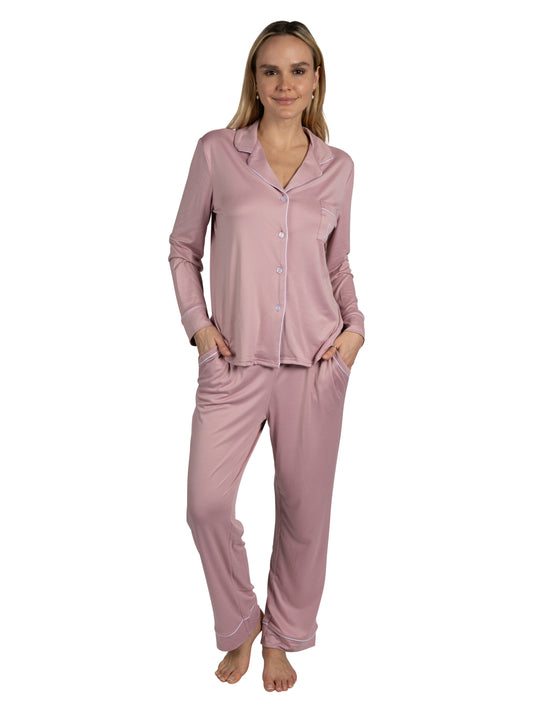 Women's "SLEEP" 2-Piece Long Sleeve Notch Collar Top and Pants Pajama Set