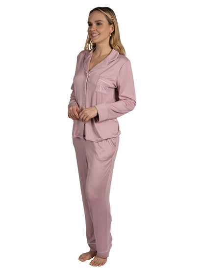 Women's "SLEEP" 2-Piece Long Sleeve Notch Collar Top and Pants Pajama Set