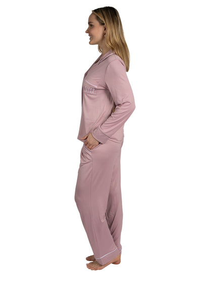 Women's "SLEEP" 2-Piece Long Sleeve Notch Collar Top and Pants Pajama Set