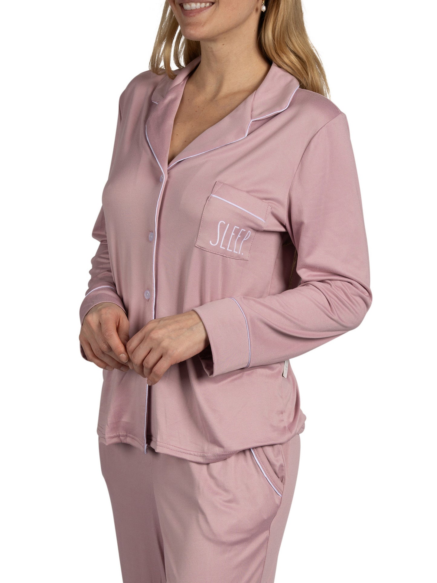 Women's "SLEEP" 2-Piece Long Sleeve Notch Collar Top and Pants Pajama Set