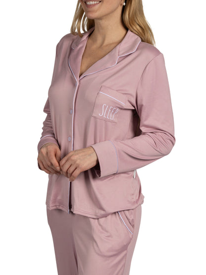Women's "SLEEP" 2-Piece Long Sleeve Notch Collar Top and Pants Pajama Set