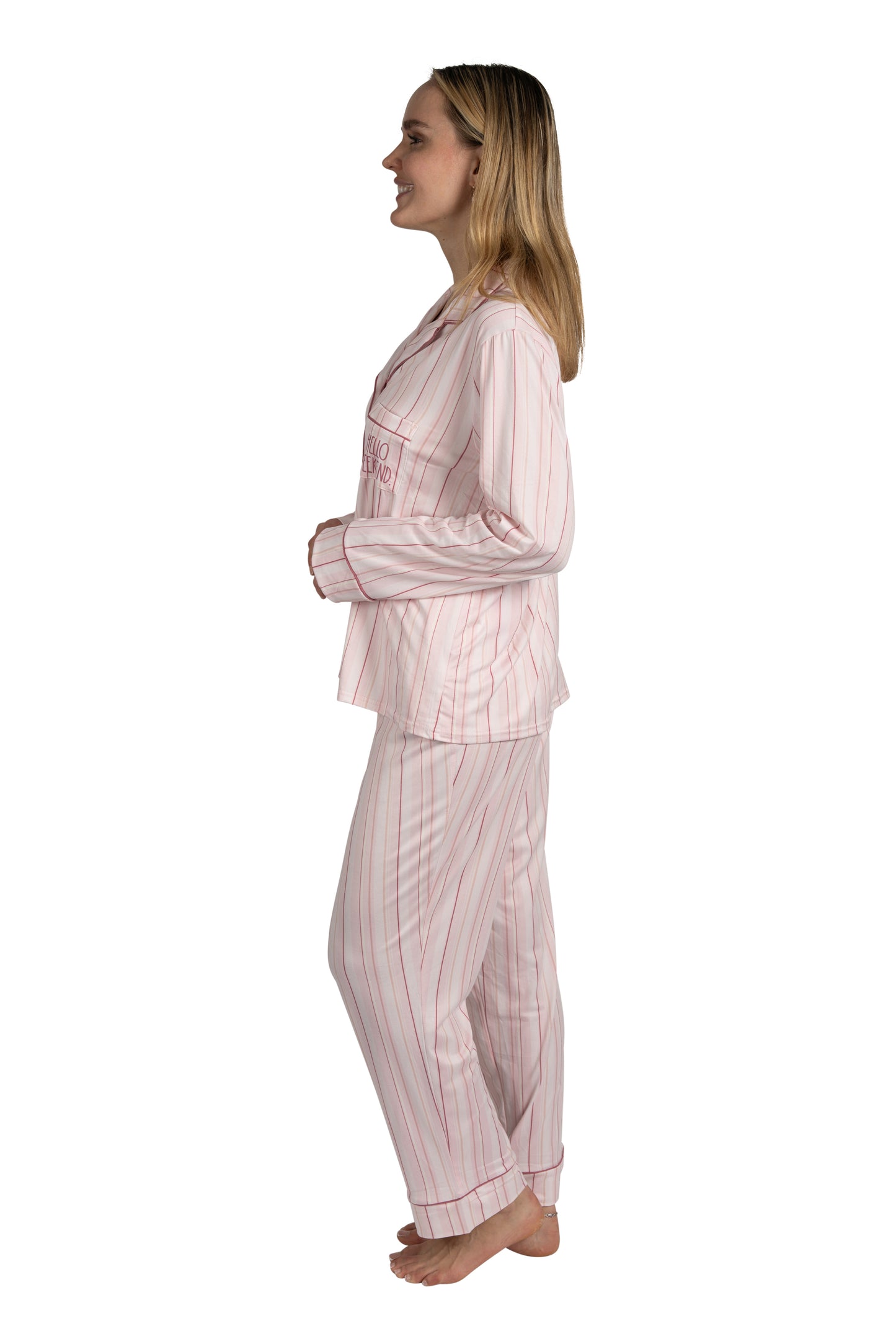 RAE DUNN Women's Long Sleeve Notch Collar Top and Pants Set Recycled, HELLO WEEKEND Striped Pink, XL