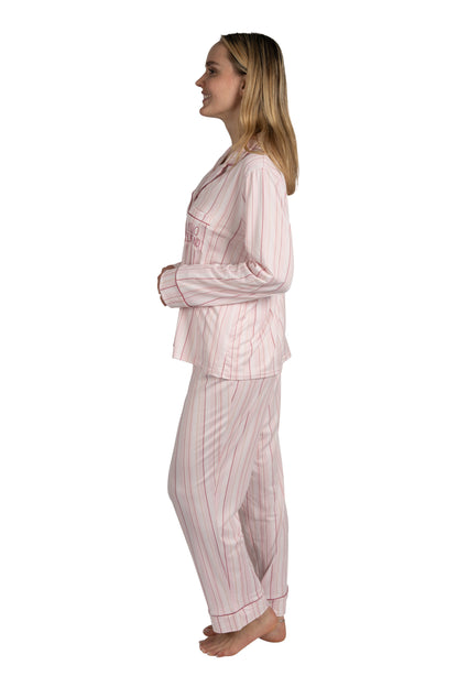 RAE DUNN Women's Long Sleeve Notch Collar Top and Pants Set Recycled, HELLO WEEKEND Striped Pink, XL