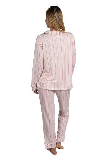 RAE DUNN Women's Long Sleeve Notch Collar Top and Pants Set Recycled, HELLO WEEKEND Striped Pink, XL