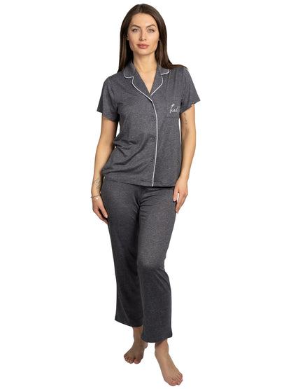 Women's "HELLO" 2-Piece Short Sleeve Notch Collar Top and Pants Pajama Set