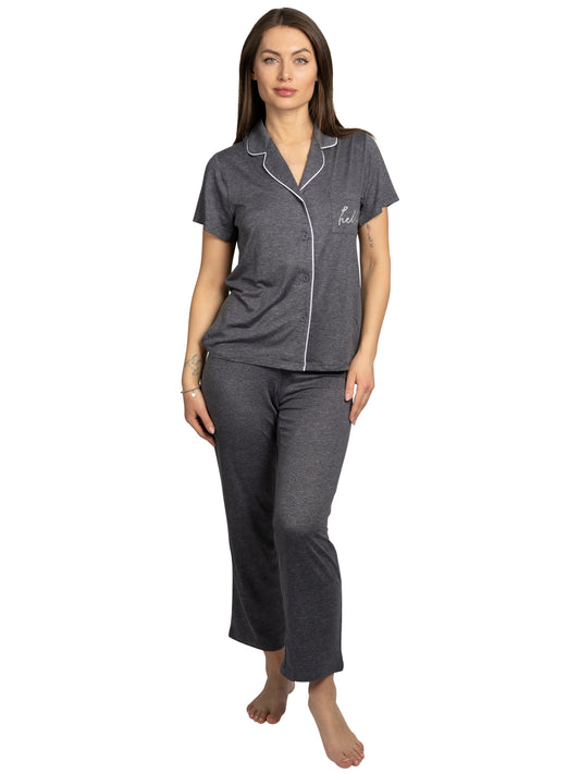 Women's "HELLO" 2-Piece Short Sleeve Notch Collar Top and Pants Pajama Set
