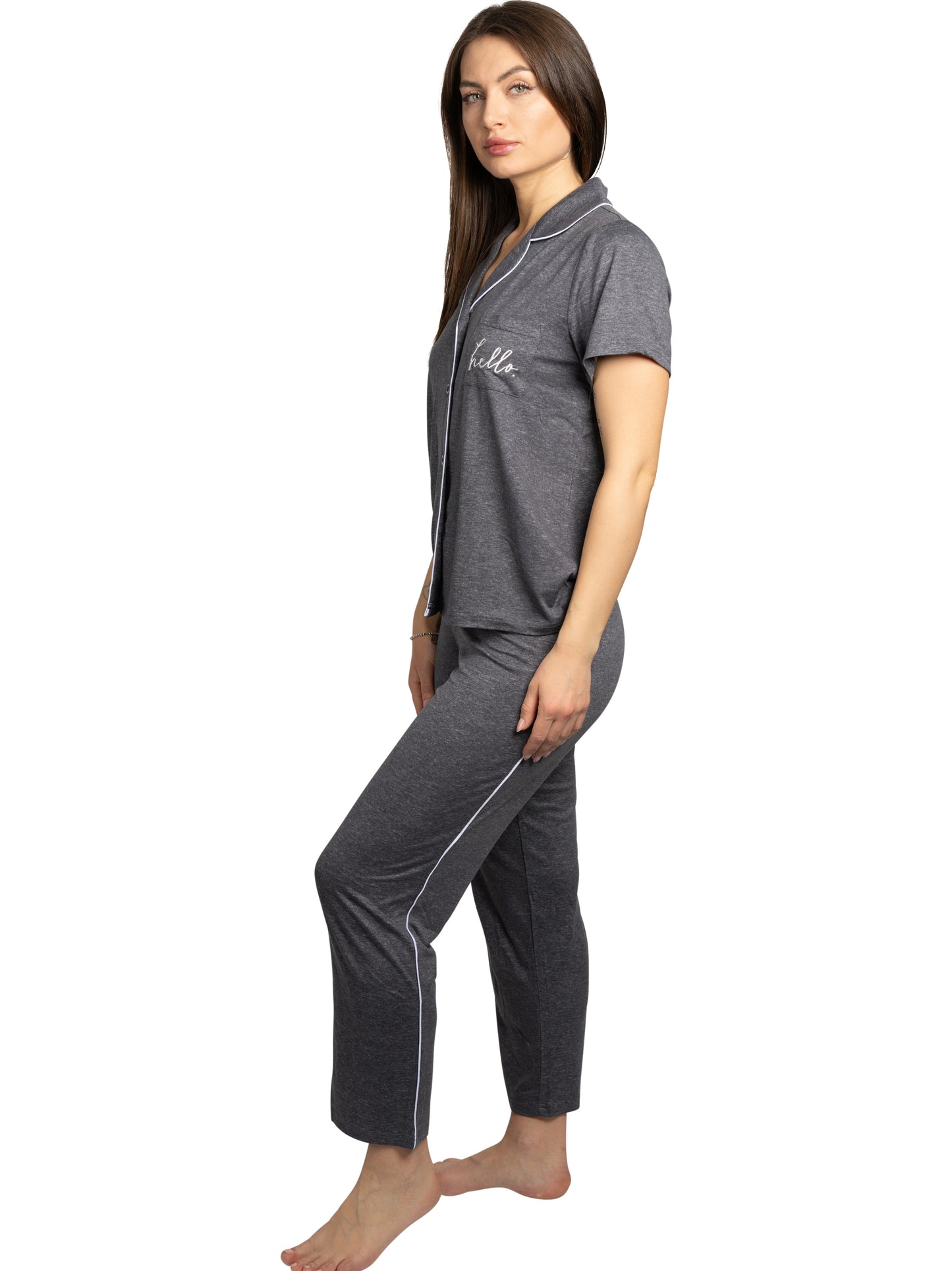 Women's "HELLO" 2-Piece Short Sleeve Notch Collar Top and Pants Pajama Set