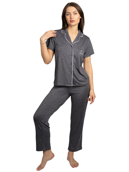 Women's "HELLO" 2-Piece Short Sleeve Notch Collar Top and Pants Pajama Set
