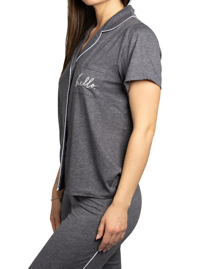 Women's "HELLO" 2-Piece Short Sleeve Notch Collar Top and Pants Pajama Set