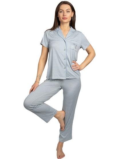 Women's "DREAM LAND" 2-Piece Short Sleeve Notch Collar Top and Pants Pajama Set