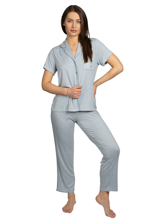 Women's "DREAM LAND" 2-Piece Short Sleeve Notch Collar Top and Pants Pajama Set