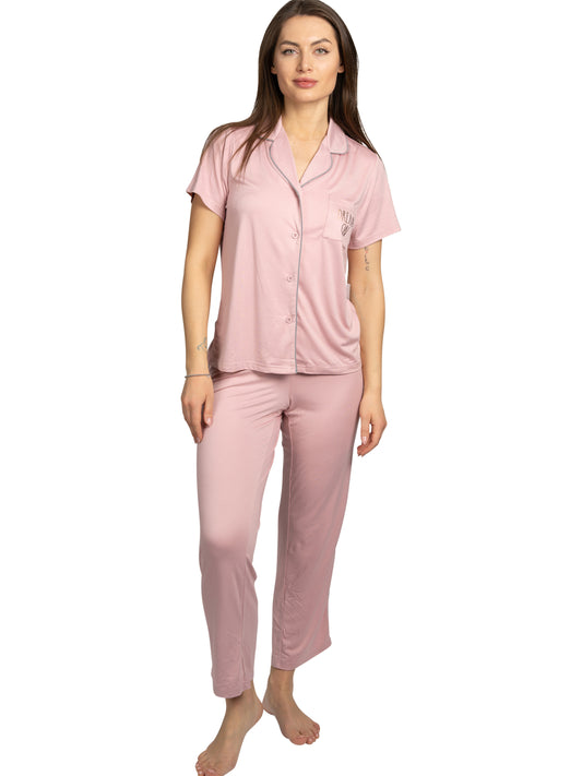 RAE DUNN Women's Short Sleeve Notch Collar Top and Pants Set, DREAM ON Pale Mauve, M