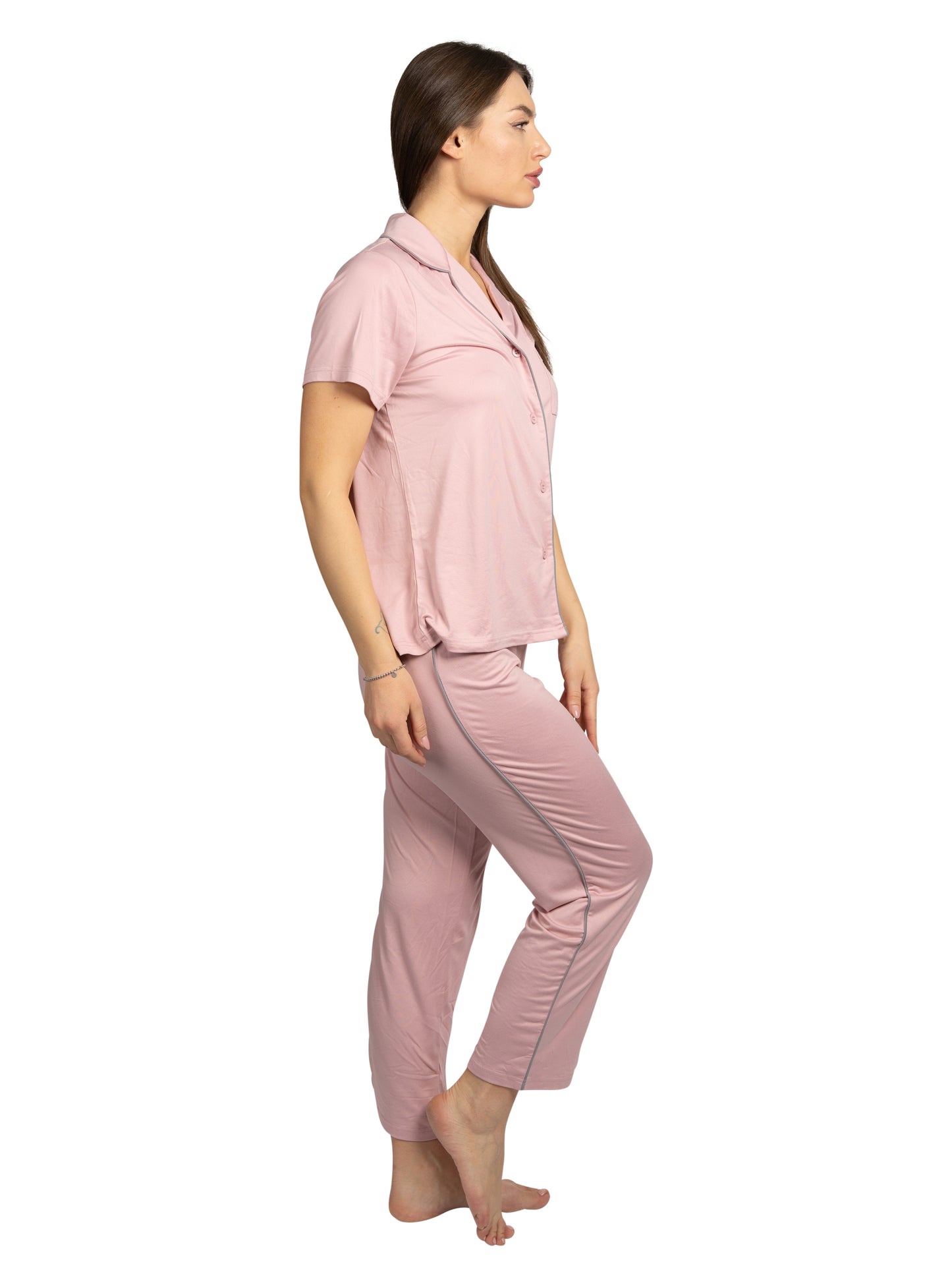 RAE DUNN Women's Short Sleeve Notch Collar Top and Pants Set, DREAM ON Pale Mauve, M