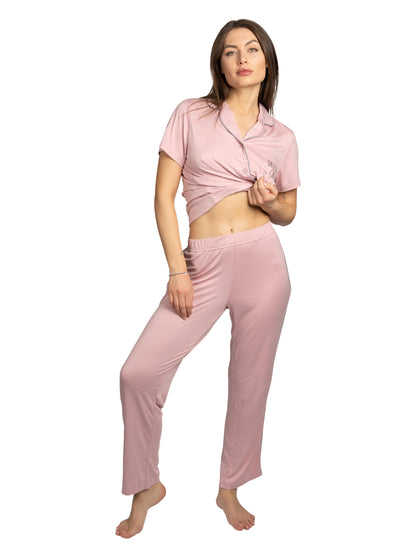 RAE DUNN Women's Short Sleeve Notch Collar Top and Pants Set, DREAM ON Pale Mauve, M