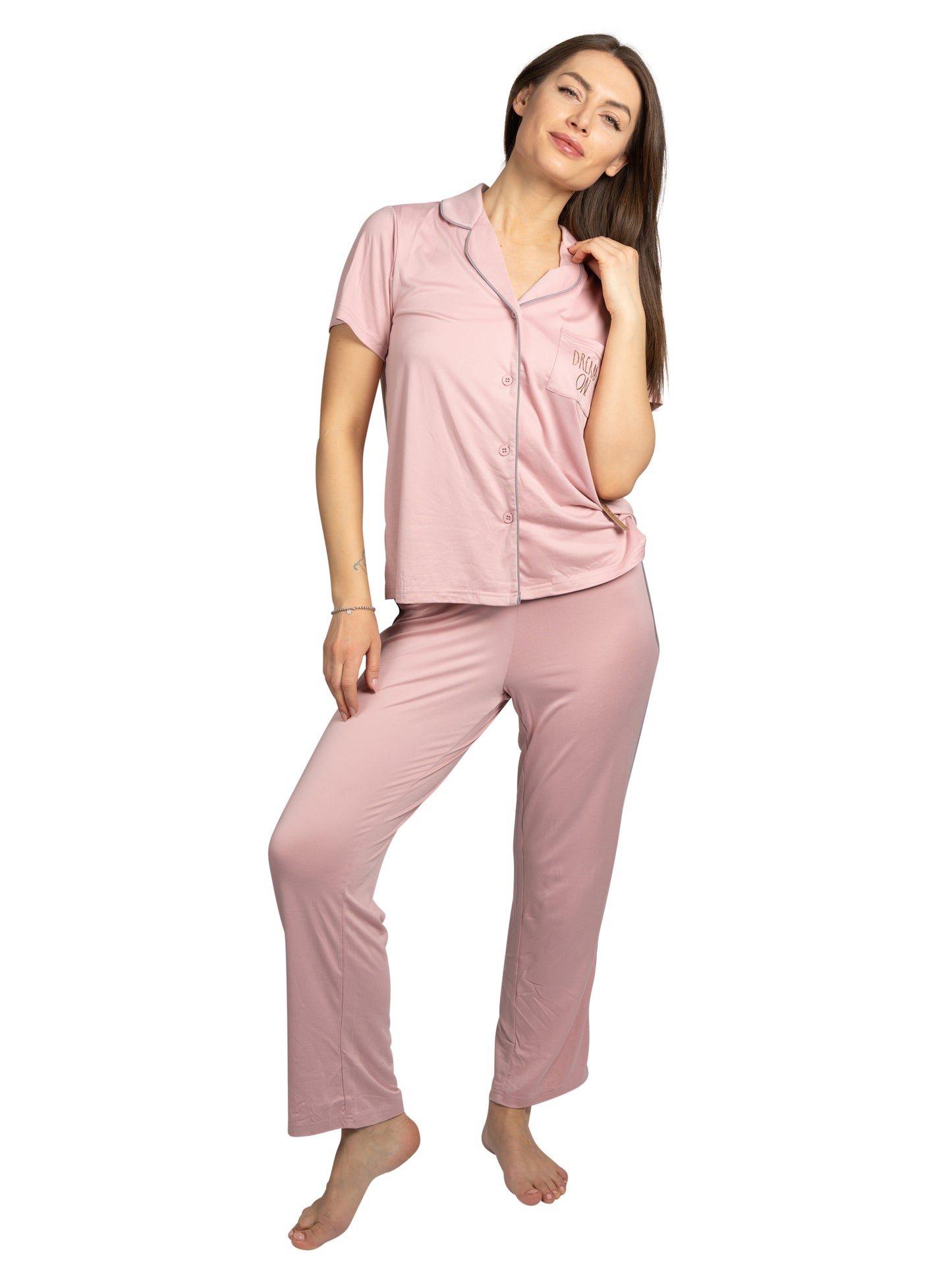 RAE DUNN Women's Short Sleeve Notch Collar Top and Pants Set, DREAM ON Pale Mauve, M