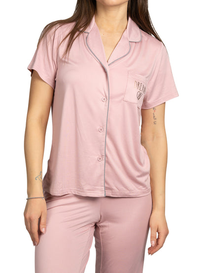 RAE DUNN Women's Short Sleeve Notch Collar Top and Pants Set, DREAM ON Pale Mauve, M