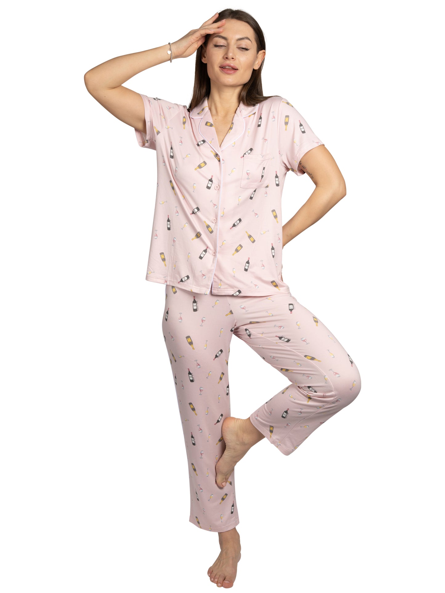 Women's Wine Time 2-Piece Short Sleeve Notch Collar Top and Pants Pajama Set