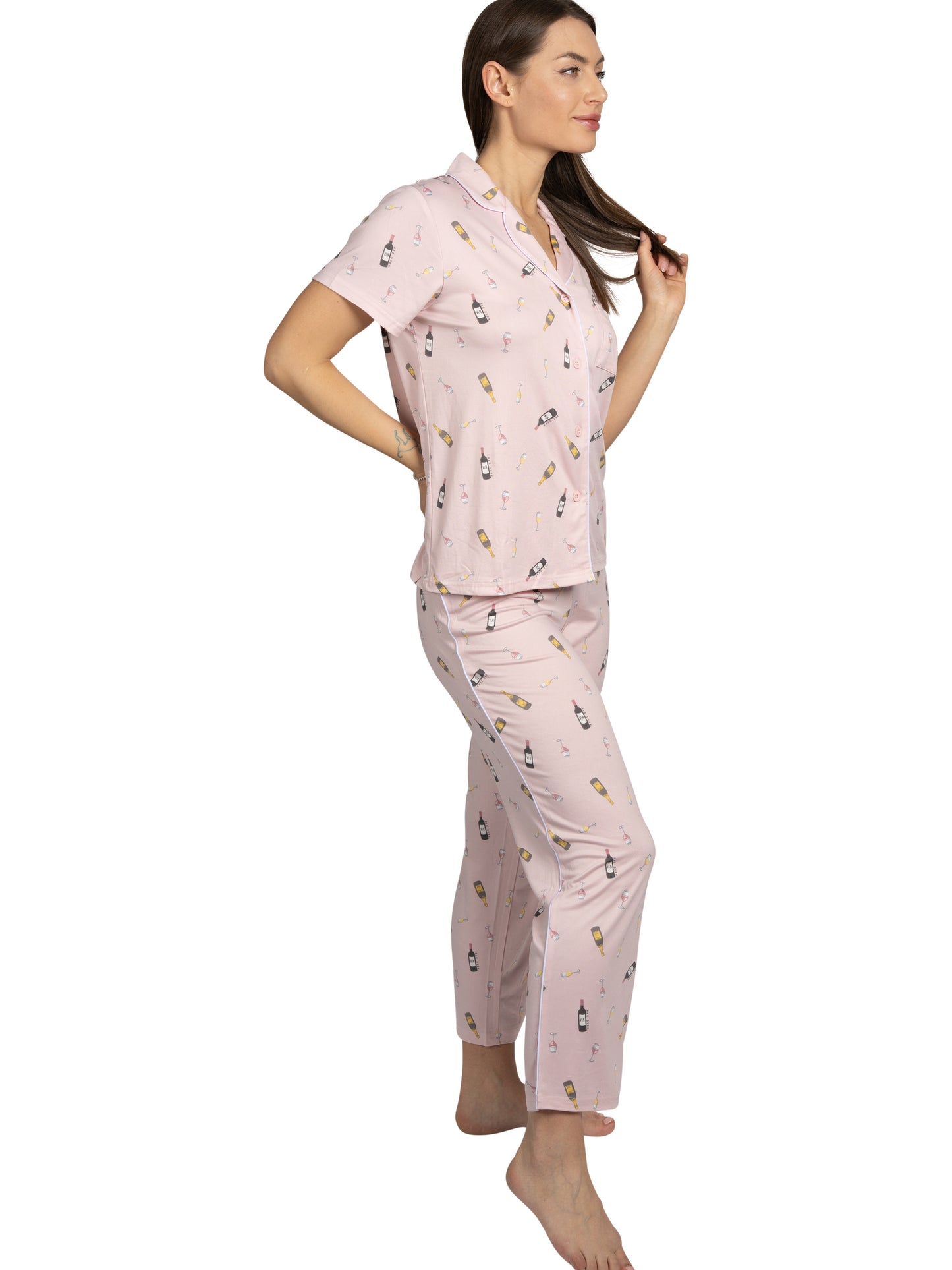 Women's Wine Time 2-Piece Short Sleeve Notch Collar Top and Pants Pajama Set