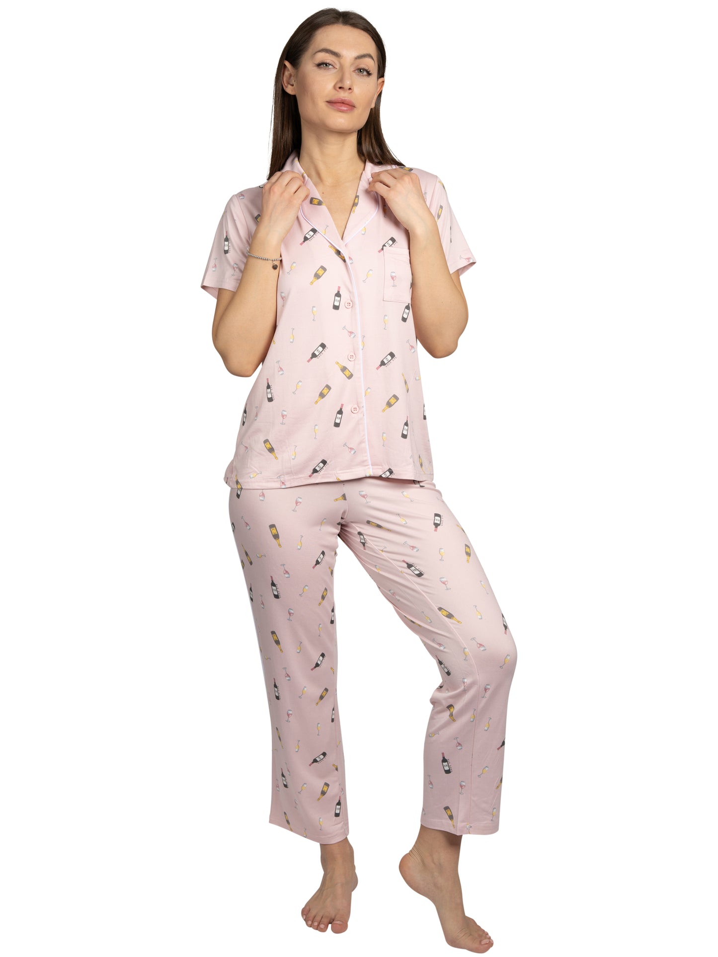 Women's Wine Time 2-Piece Short Sleeve Notch Collar Top and Pants Pajama Set