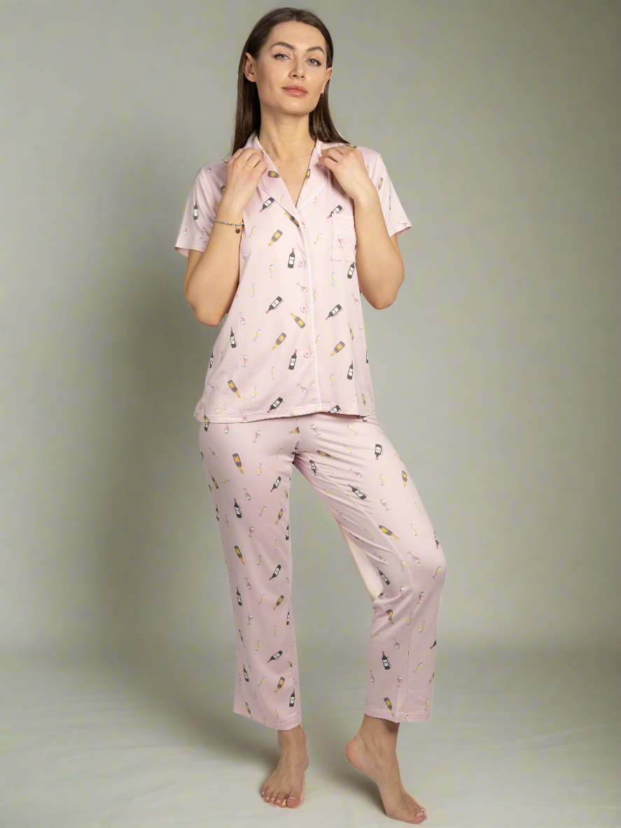 Women's Wine Time 2-Piece Short Sleeve Notch Collar Top and Pants Pajama Set