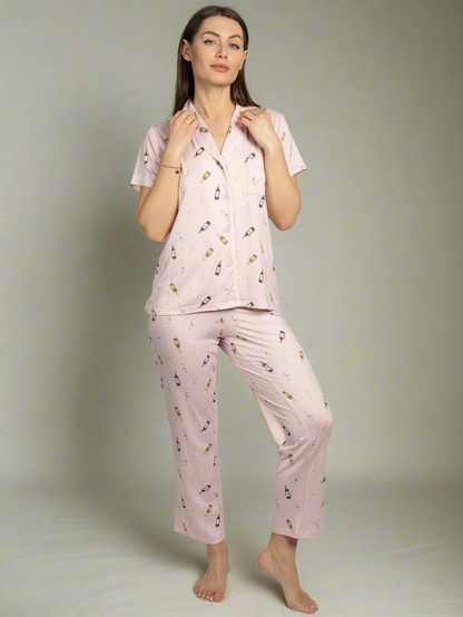Women's Wine Time 2-Piece Short Sleeve Notch Collar Top and Pants Pajama Set