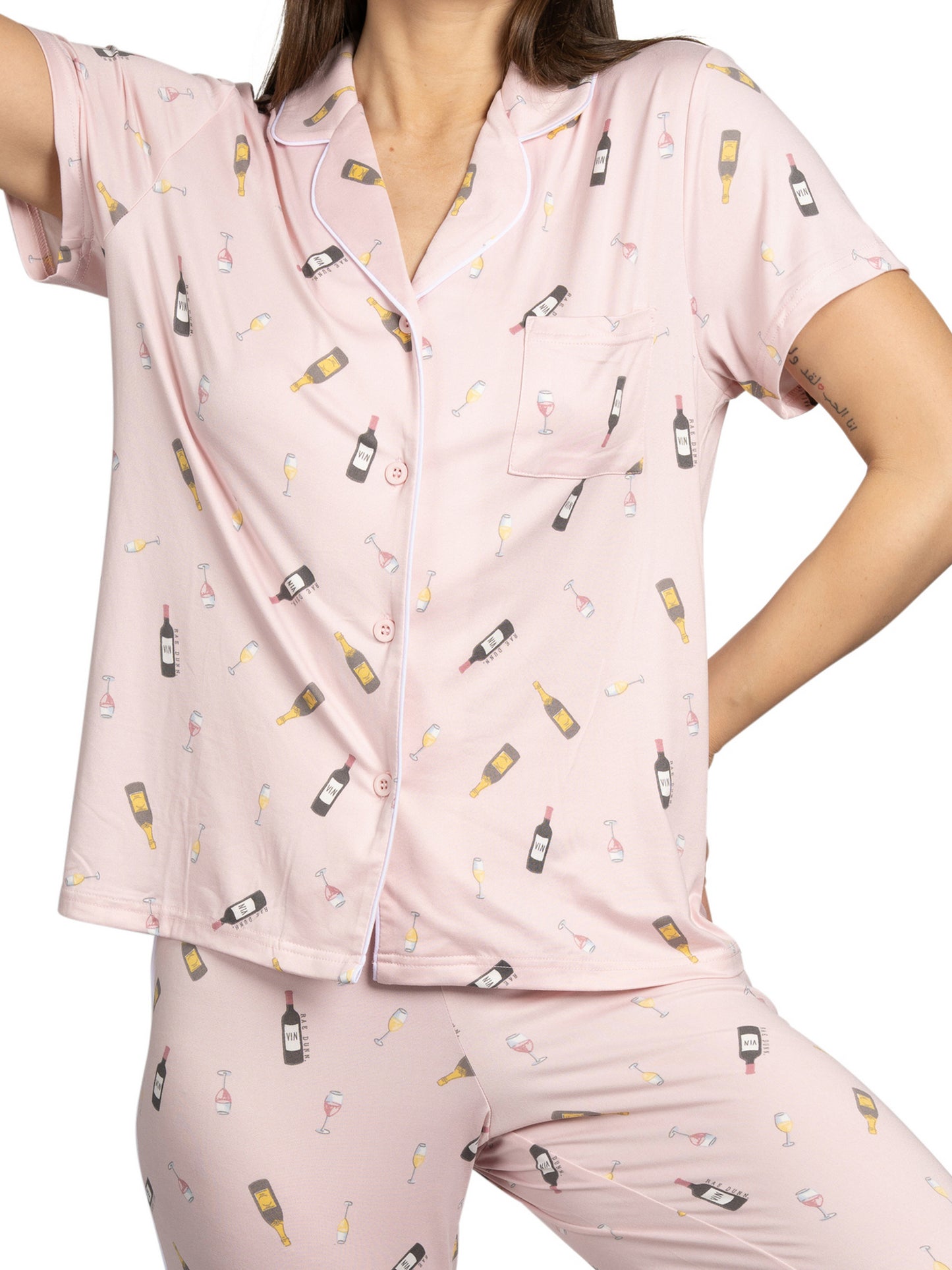 Women's Wine Time 2-Piece Short Sleeve Notch Collar Top and Pants Pajama Set
